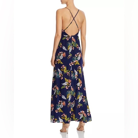 Aqua Tropical Print Maxi Dress Front Slit Open Back Small - Picture 2 of 10